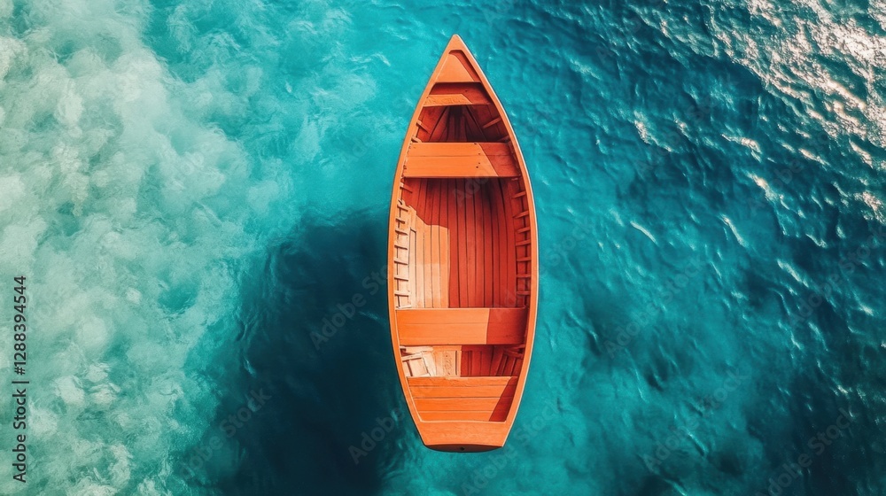 A captivating shot of an orange rowboat casting a shadow on a tropical blue lagoon, viewed from above. A captivating shot of an orange rowboat casting a shadow on a tropical blue lagoon, viewed from above.