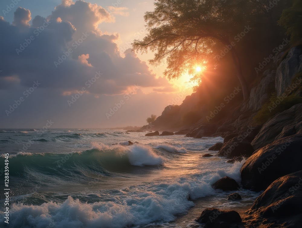 Ocean waves crashing on rocky coast at sunset with dramatic sky Ocean waves crashing on rocky coast at sunset with dramatic sky