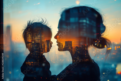 mother with child on the background of the city