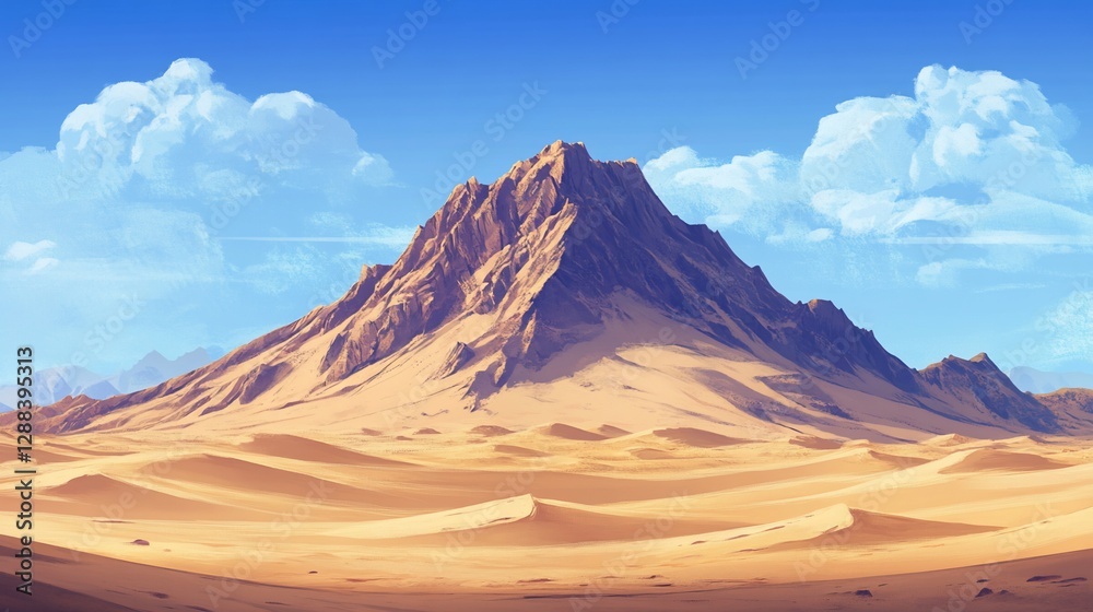 Naklejka premium A majestic mountain rises from the sand dunes under a bright blue sky with scattered clouds