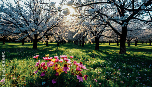 Wallpaper Mural A row of cherry blossom trees in full bloom with a patch of colorful wildflowers in the foreground. Torontodigital.ca