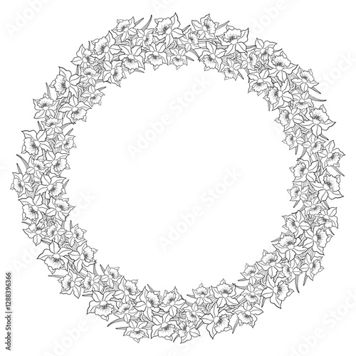 Round Floral Wreath Drawn In Line Art Style