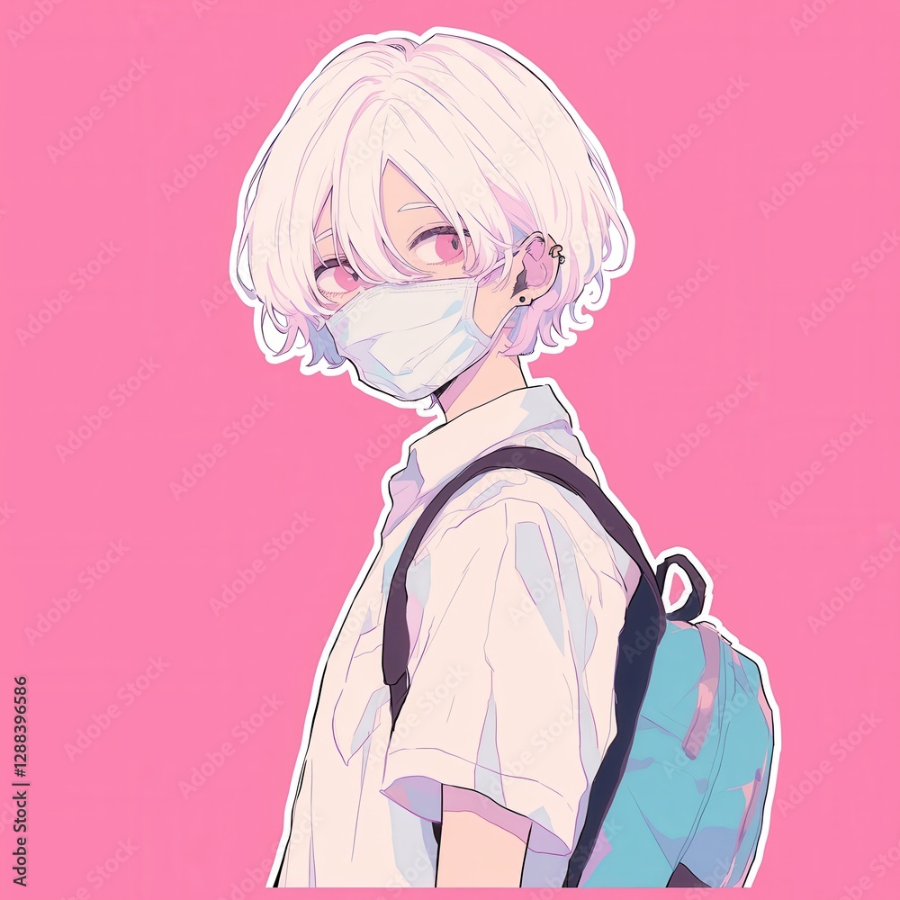Anime Girl White Hair Mask Backpack Pink Background Illustration Kawaii Style Pastel Colors