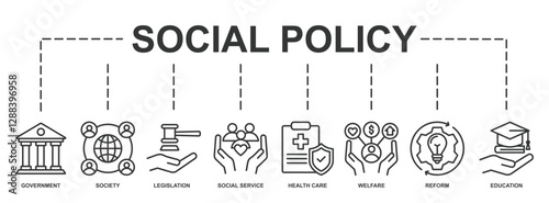 Banner of Social Policy web vector illustration with icons of government, society, legislation, social service, healthcare, welfare, reform and education.