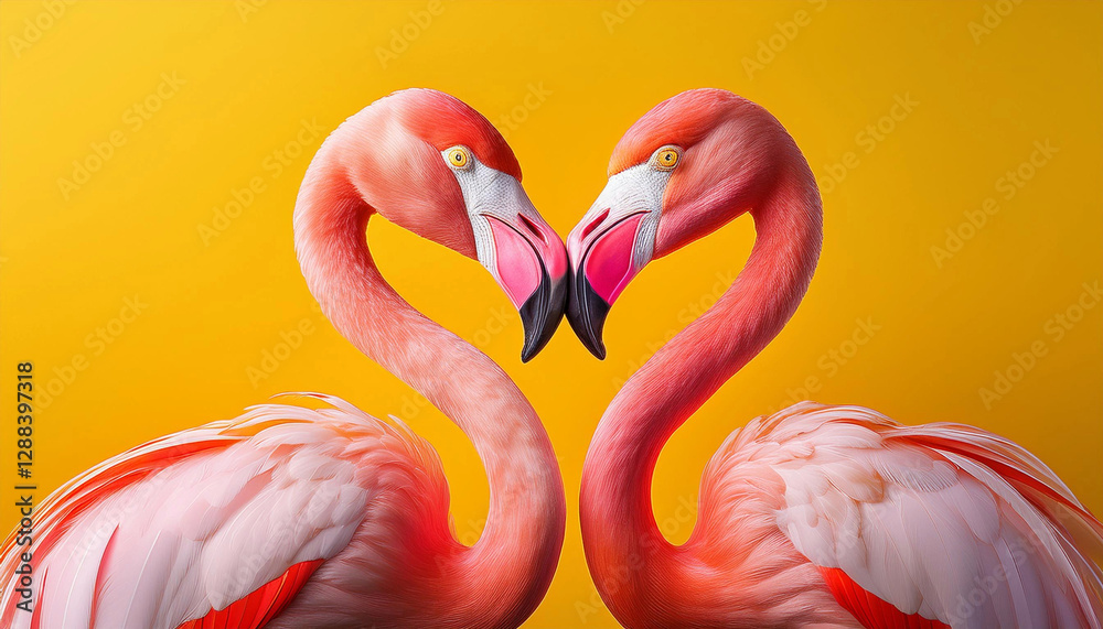 Naklejka premium Beautiful pink Flamingos in love forming a heart with their heads on a bright yellow background wallpaper