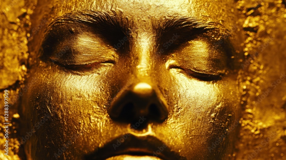 A close-up of a human face bathed in metallic gold, eyes closed, with dramatic lighting for a luxurious aesthetic. A close-up of a human face bathed in metallic gold, eyes closed, with dramatic lighting for a luxurious aesthetic.