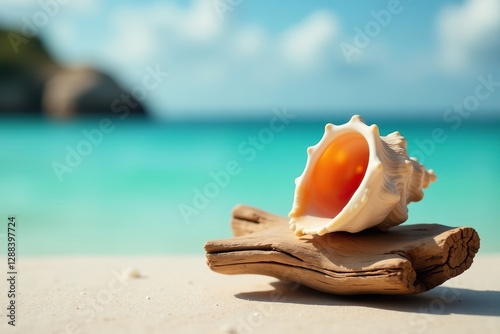Driftwood base with an elegantly placed conch shell, nautical, conch shell, tropical