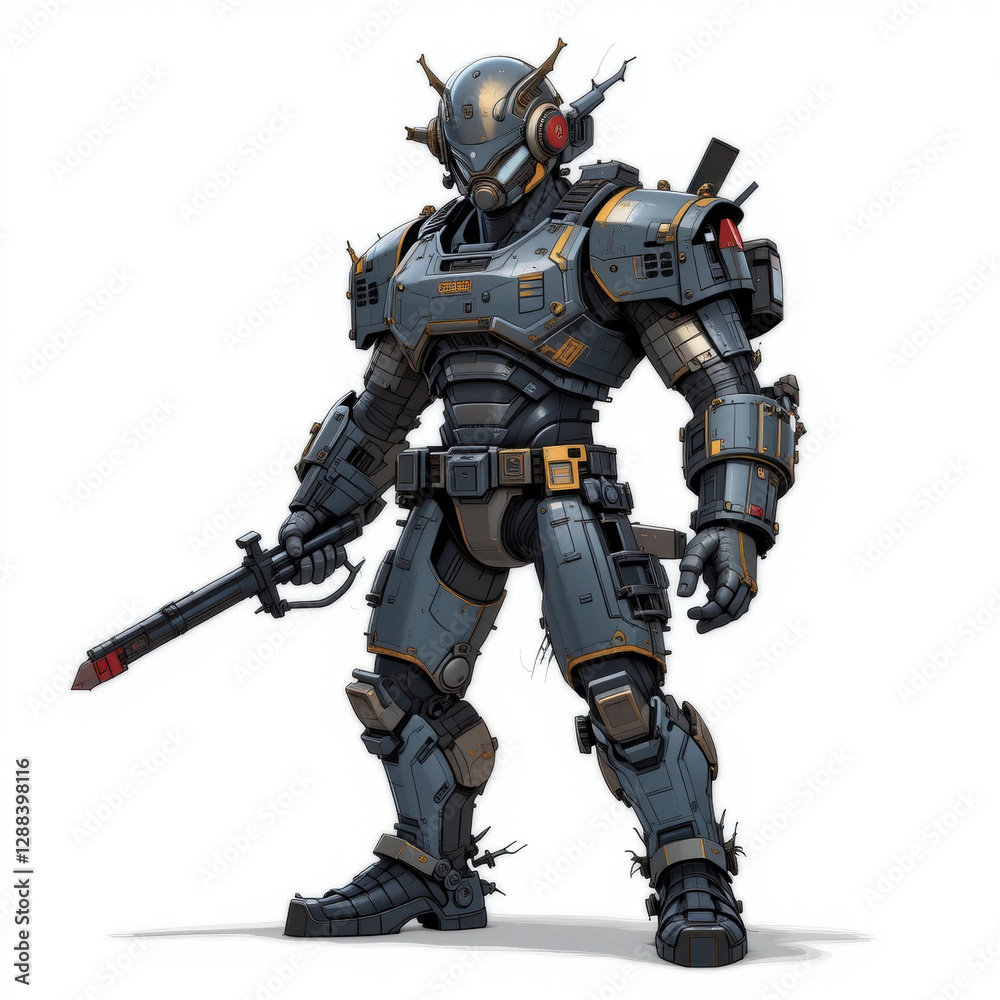 Robot warrior in armor suit with weapon, future soldier concept stand on white floor and background, fierce warrior robot stand and point sword to floor Robot warrior in armor suit with weapon, future soldier concept stand on white floor and background, fierce warrior robot stand and point sword to floor