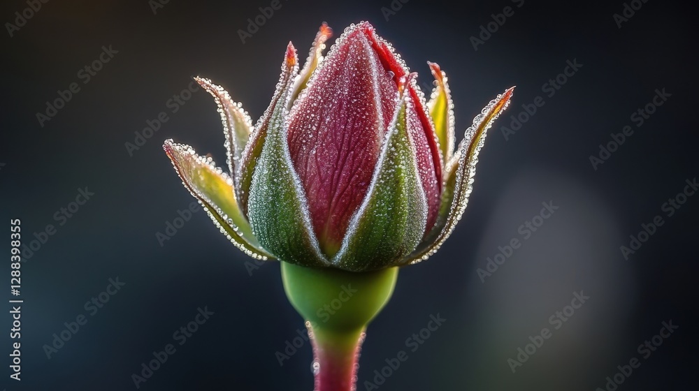 A close-up of a red rosebud, covered in morning dew, illuminated against a rich black background for a striking contrast.
