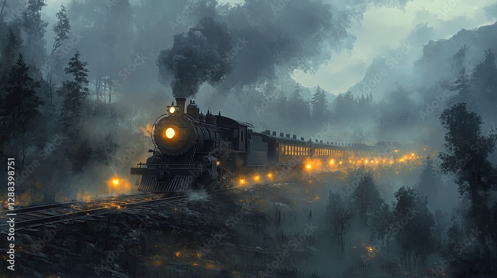 Fototapeta premium Vintage steam train traveling through a misty countryside at dusk, with glowing lanterns and billowing smoke. Dramatic lighting highlights the locomotive's intricate design. Generative AI