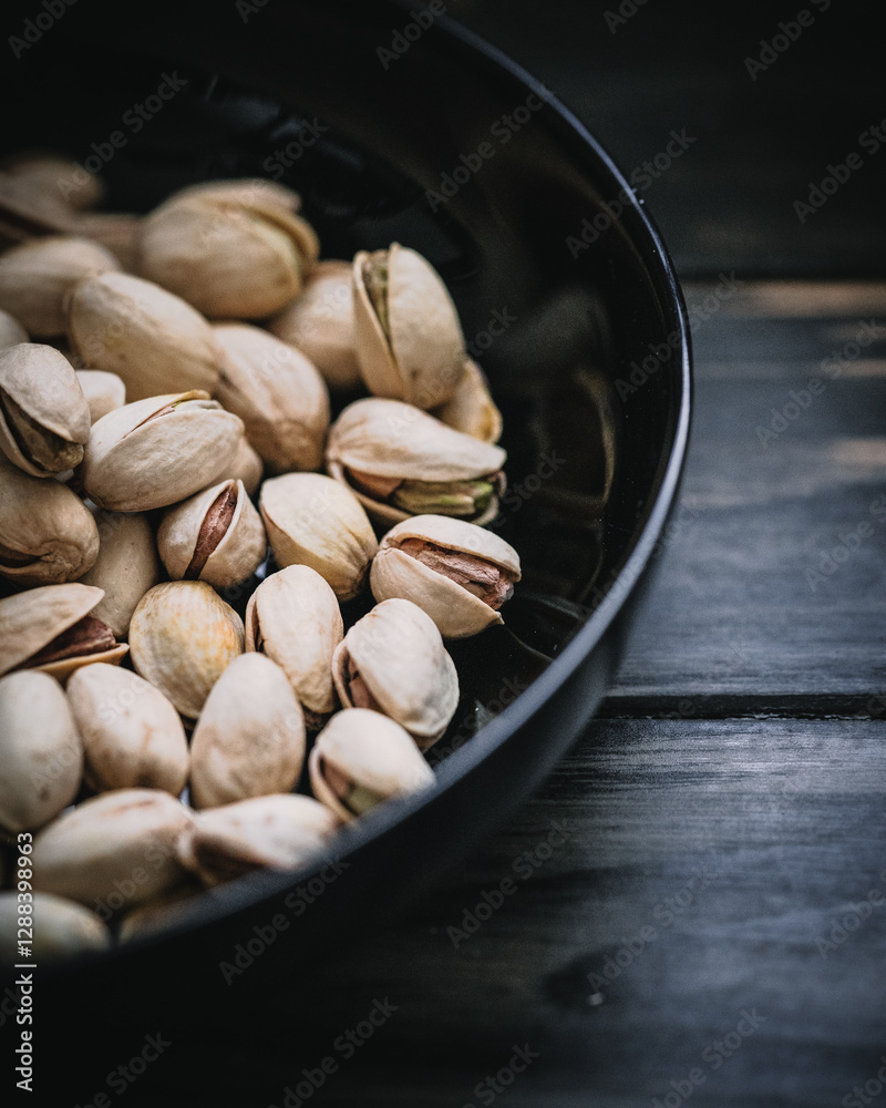 Fototapeta premium Stimmungsvolle Pistazien auf schwarzem Teller – Dark & ​​Moody Food Fotografie