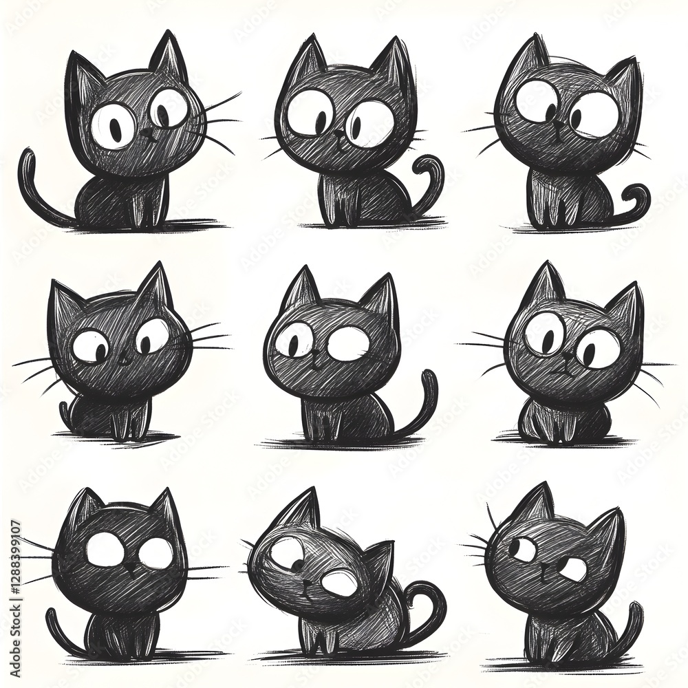 An artistic drawing of a cat displaying various expressions for creative inspiration An artistic drawing of a cat displaying various expressions for creative inspiration
