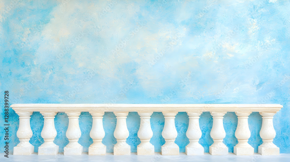 Fototapeta premium White balustrade against light blue wall, background blur, product display