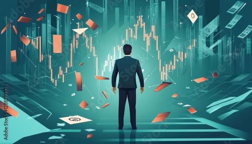 Vector illustration of a businessman experiencing a financial crisis with falling trading charts, depicting failure and economic risks.