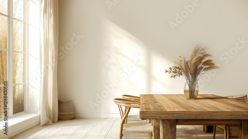 Airy dining room with large reclaimed wood table with natural texture and simple, minimalist decor. Neutral palette create calm, inviting atmosphere, ideal for relaxed dining, moments of reflection