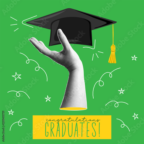 Congratulations graduates. Trendy halftone collage banner with hand holding graduate cap. Happy graduation day. Modern retro style.  Vector illustration.