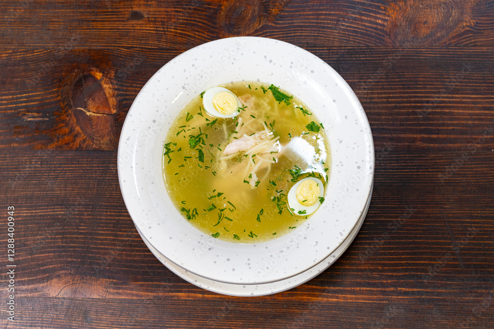 Chicken broth with fresh herbs and sliced vegetables served warm Chicken broth with fresh herbs and sliced vegetables served warm