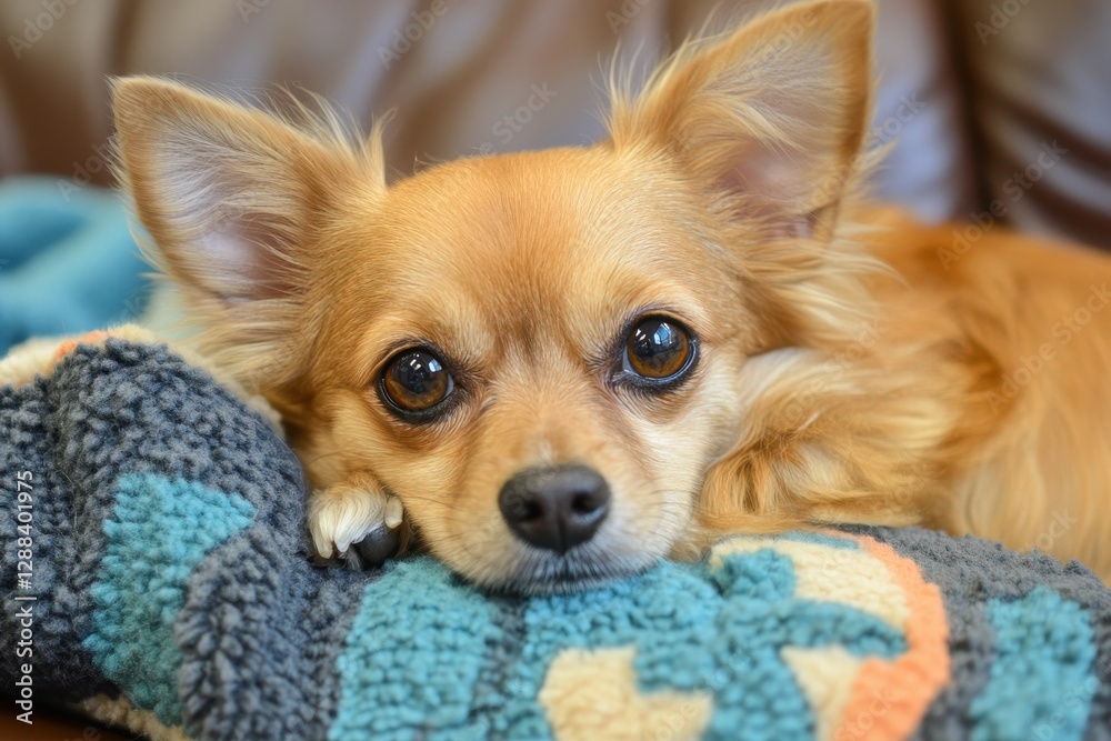 Adorable long-haired chihuahua resting on a cozy blanket. Perfect for pet, animal, and comfort themes. Adorable long-haired chihuahua resting on a cozy blanket. Perfect for pet, animal, and comfort themes.