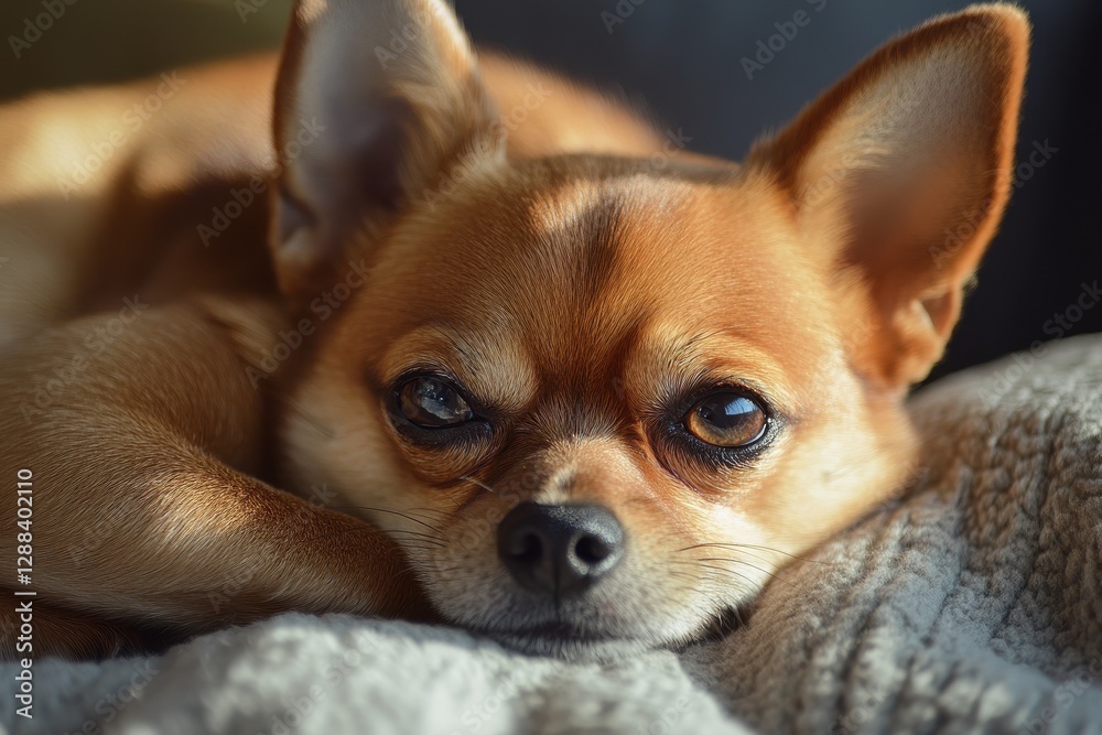 Adorable brown chihuahua resting on a blanket. Perfect for pet, animal, and dog-related websites. Adorable brown chihuahua resting on a blanket. Perfect for pet, animal, and dog-related websites.