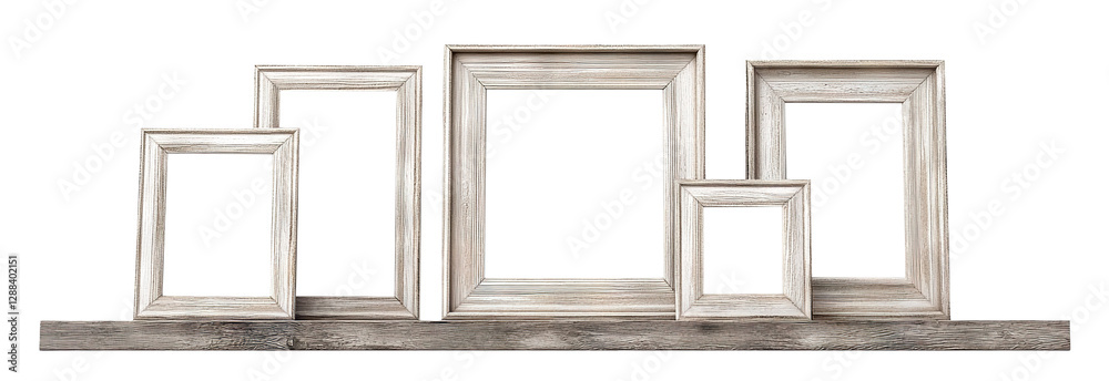 Set of empty wooden picture frames on a shelf, isolated on transparent cutout background Set of empty wooden picture frames on a shelf, isolated on transparent cutout background