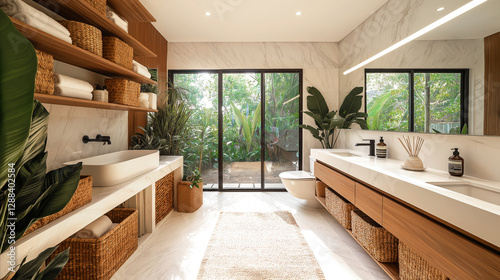 Biophilic design bathroom with white marble countertop and wooden shelves. Lush green plants placed around bathroom, blending nature with modern decor. Large windows open up to vibrant outdoor garden