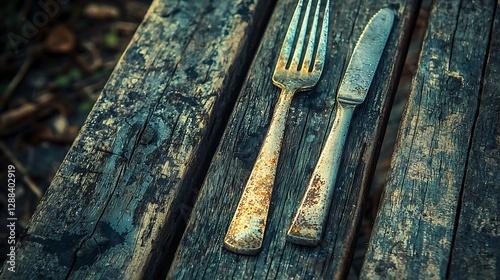 Rustic utensils on weathered wooden picnic table photo