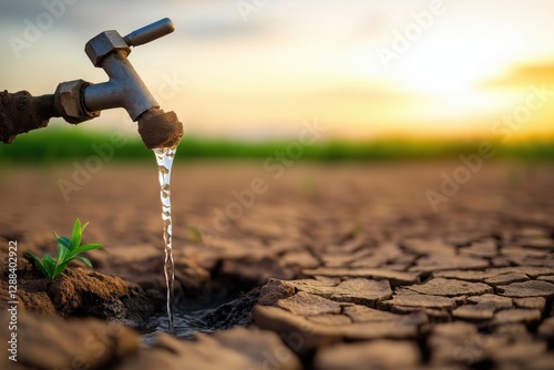 Water faucet dripping into dry parched soil at sunset demonstrating conservation need photo