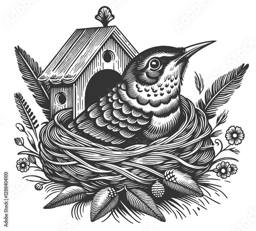 cuckoo Bird in Nest raster illustration