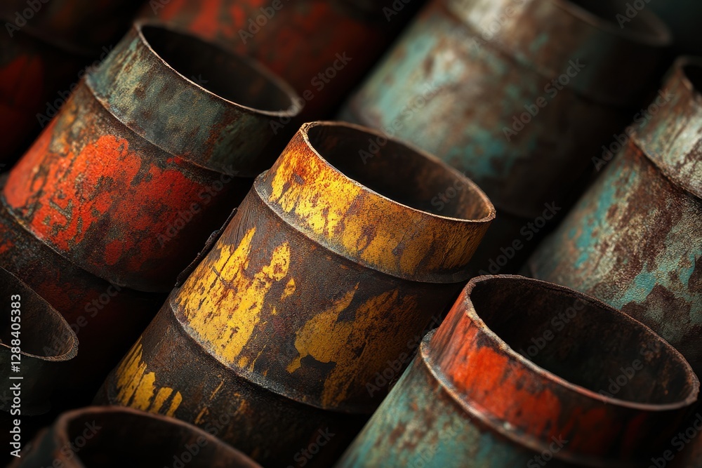Close-up of rusty, paint-chipped barrels. Ideal for themes of decay, industry, or time. Close-up of rusty, paint-chipped barrels. Ideal for themes of decay, industry, or time.