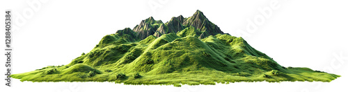 Green grassy mountains with rocky peaks, isolated on transparent cutout background photo