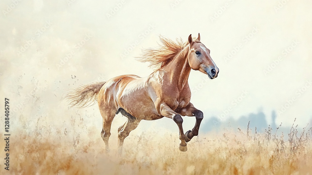 Golden horse galloping through a field of dry grass on a light, hazy day painting Golden horse galloping through a field of dry grass on a light, hazy day painting