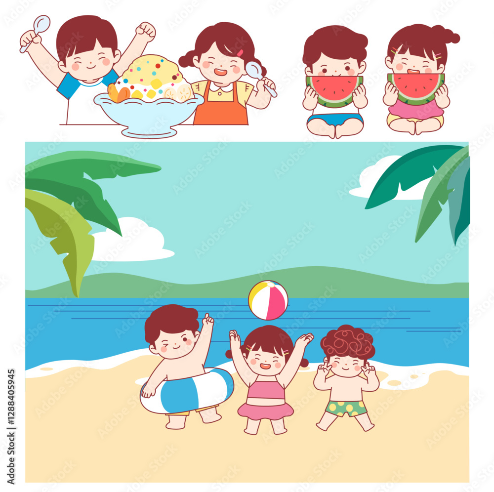 Summer, children, watermelon, beach, beach, children, cute, shaved ice, sea, summer vacation, swimming, water play Summer, children, watermelon, beach, beach, children, cute, shaved ice, sea, summer vacation, swimming, water play