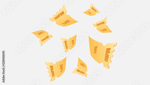 3D fly vouchers Render coupon. Bonus ticket fly. Discount or gift sale label. Benefit or prize tag. Offer free percent. Shop promotion Vector background.