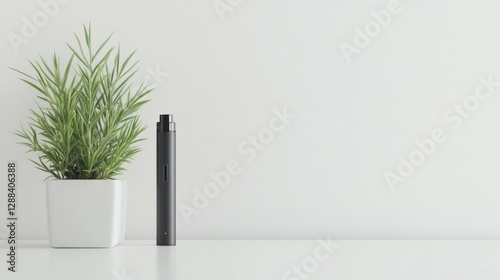 Vaping device on a clean white table next to a small plant pot. Featuring simplicity and calm