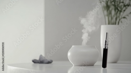 Vaping device on a clean white table with a sleek ceramic pot. Featuring modern simplicity and elegance