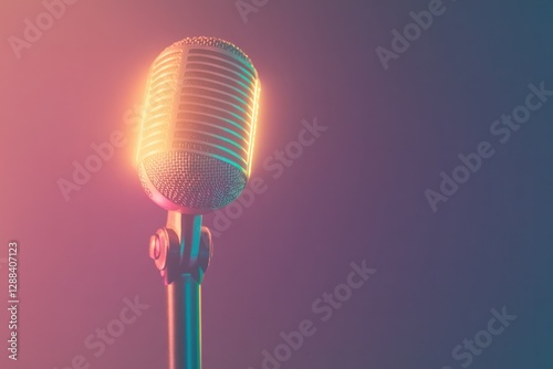 Shimmering microphone stands tall against colorful gradient back