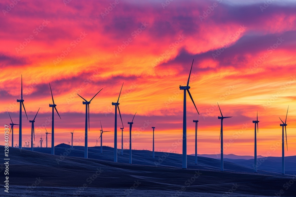 Fototapeta premium Wind farm at sunrise featuring numerous wind turbines against a colorful sky. Generative AI