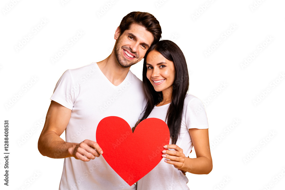 Photo of nice couple hugging holding in hands big paper heart trust each other wear casual clothes isolated yellow color background Photo of nice couple hugging holding in hands big paper heart trust each other wear casual clothes isolated yellow color background