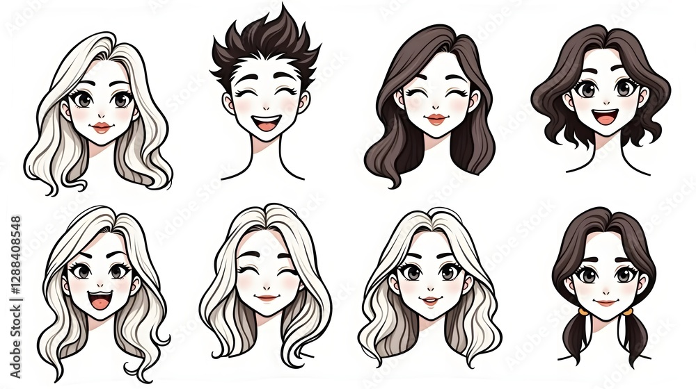 A set of expressive love themed face illustrations in bold, clean silhouette line art style A set of expressive love themed face illustrations in bold, clean silhouette line art style