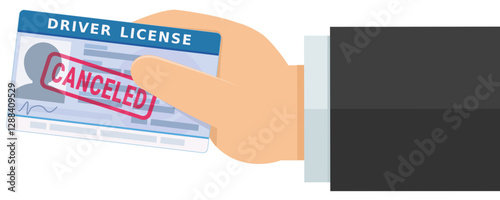 Hand showing a driving license with the mark of a red stamp with the wording "canceled" in flat design style (cut out)
