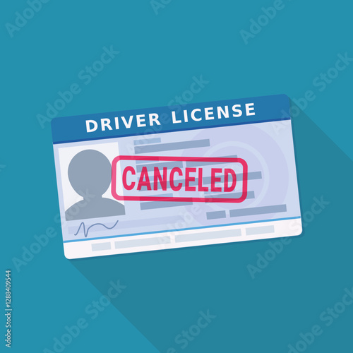 Driving license in flat design style with red stamp mark with wording "CANCELED" on blue background with long shadow