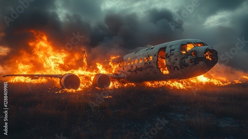 Dramatic and harrowing scene of a plane crash with the aircraft engulfed in flames and thick billowing smoke rising against a stormy ominous sky