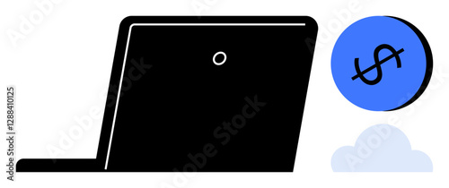 Black laptop with blue dollar sign and light blue cloud. Ideal for online business, digital transactions, cloud computing, e-commerce, financial technology, remote work, internet. Abstract line flat