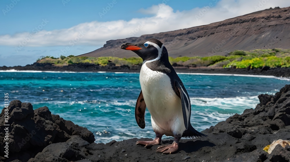 Naklejka premium Unique Galápagos Penguin Stands on a Rocky Beach with Scenic Ocean and Volcanic Peaks