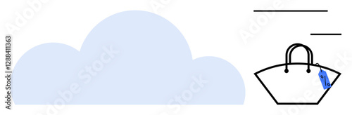 Cloud storage graphic and stylish shopping bag marked with price tag. Ideal for e-commerce, online shopping, cloud storage, digital marketing, retail, internet services, virtual marketplaces. Simple