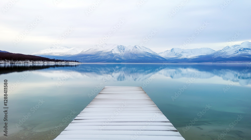 Naklejka premium Snow-covered pier overlooking tranquil lake with majestic snowy mountains