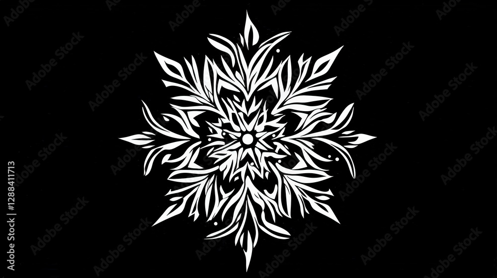 Elegant Snowflake Design: A striking artistic illustration of a snowflake, rendered in intricate detail against a dark background, embodying winter's beauty. Elegant Snowflake Design: A striking artistic illustration of a snowflake, rendered in intricate detail against a dark background, embodying winter's beauty.