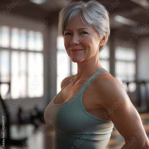 Free Download An elderly gray-haired woman in her 50s with a short haircut at the gym. Side view, looking straight ahead and smiling. senior fitness - GFXLoad