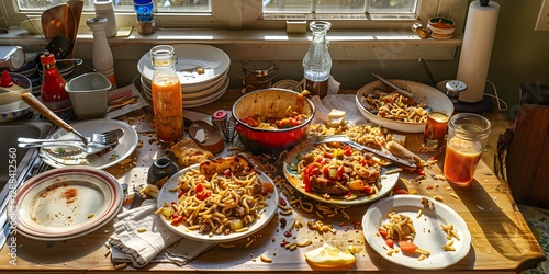Messy Feast: A chaotic and artfully arranged collection of plates, food remnants, and dining clutter fills the frame, revealing a convivial atmosphere and the aftermath of a hearty meal.