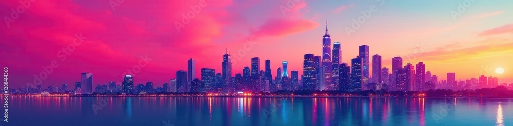 Obraz premium Abstract gradient city skyline, modern corporate buildings , night, vibrant, colorful